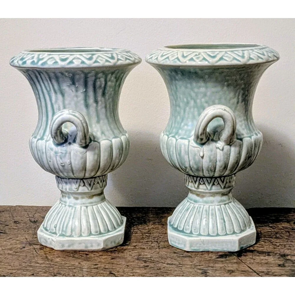 Vintage Pair Celadon Green Majolica Style Vases Neoclassical Mantle Urns Japan